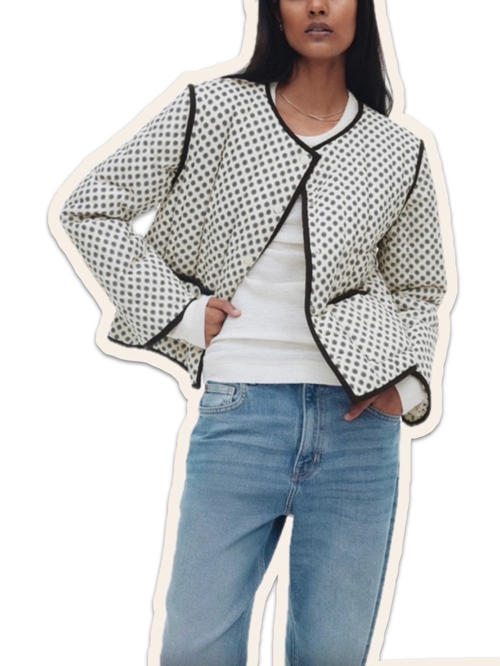 H&M White Quilted Jacket with Black Trim
